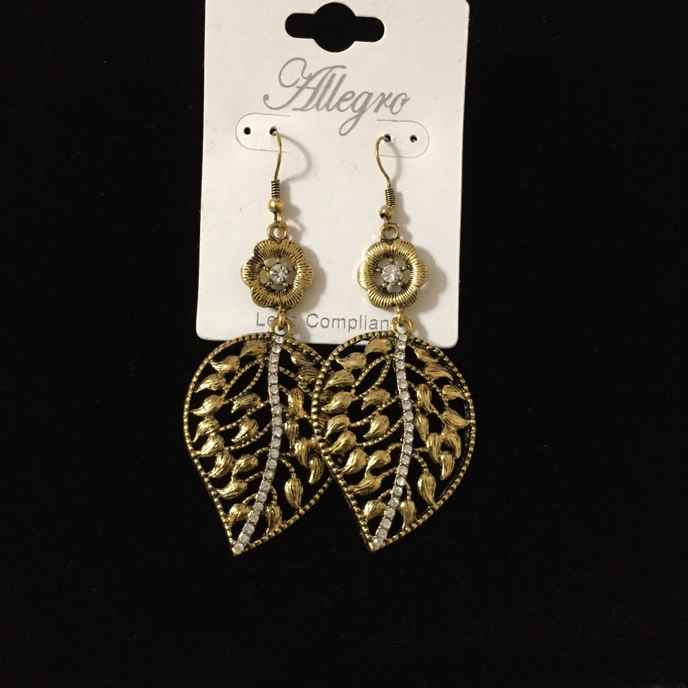 ALLEGRO GOLD TONE EARRINGS WITH FLOWER AND LEAF MOTIF WITH PAVE CHANNEL CRYSTALS